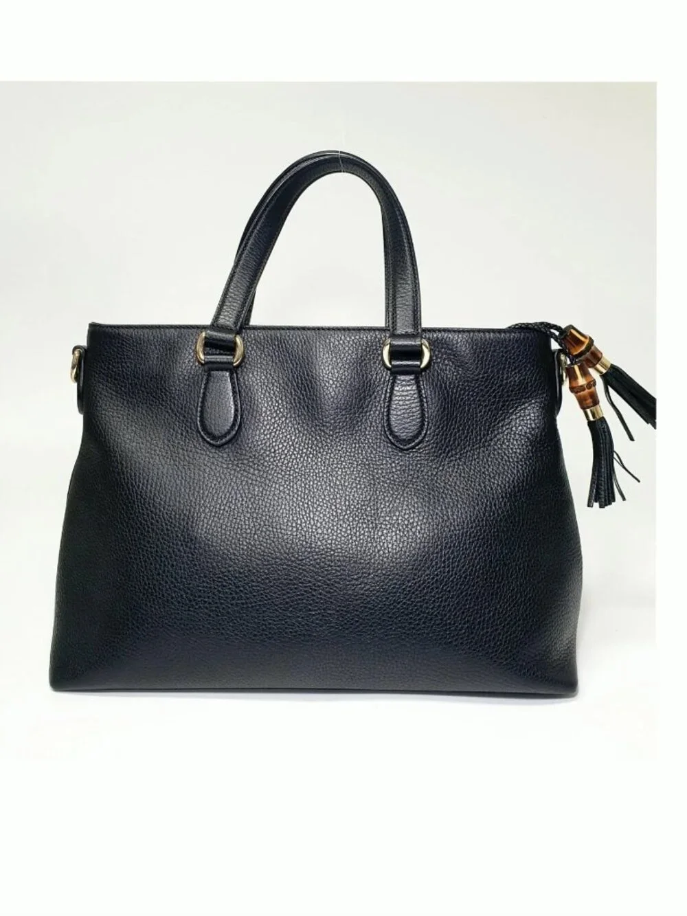 Authentic Gucci Black Leather Tote Bag Bamboo Tassel Crossbody Satchel Gold Hard - Picture 3 of 12